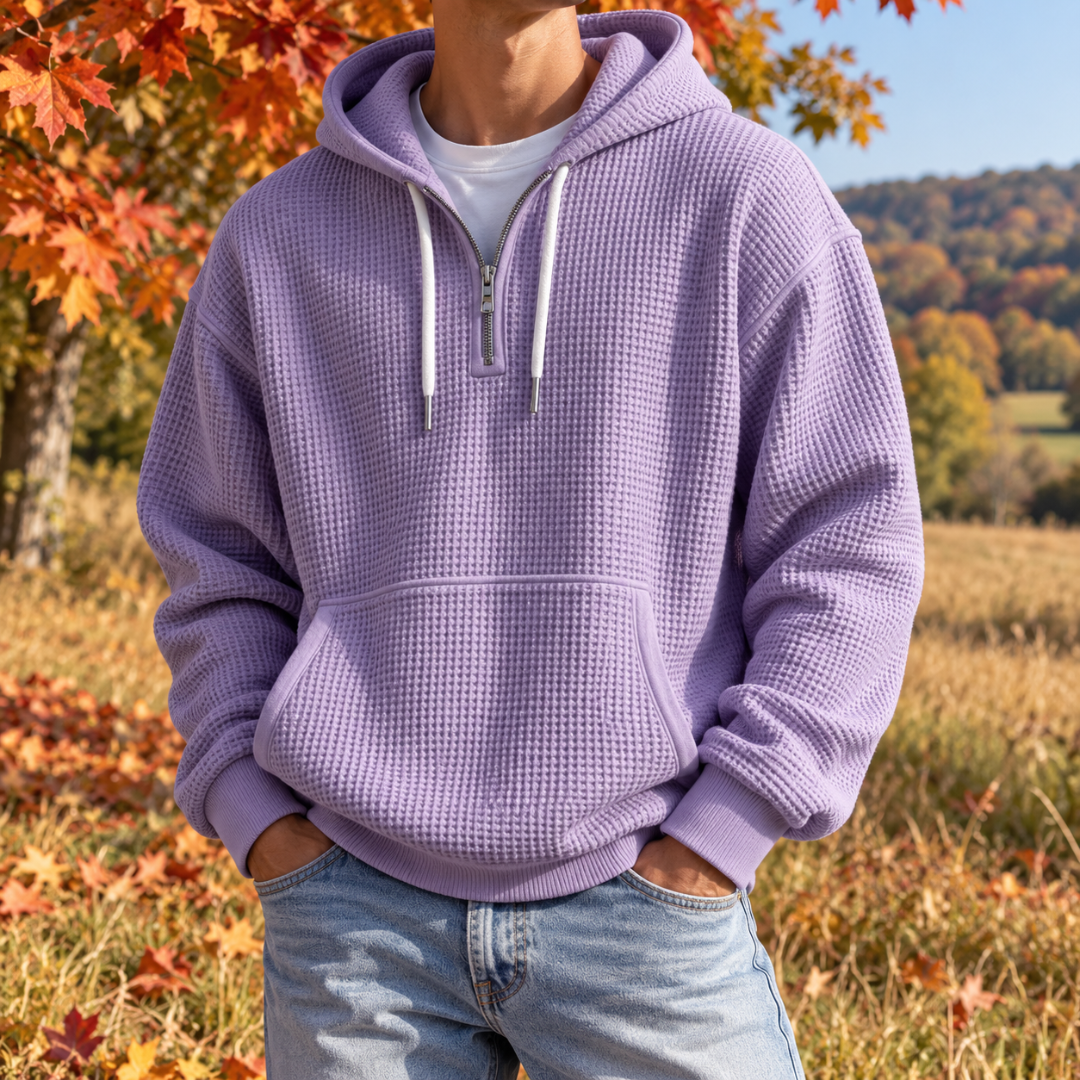 Felpa con cappuccio lavanda da uomo con zip corta e polsini a coste