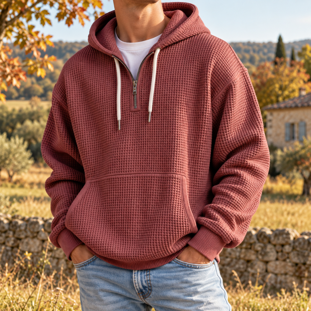 Felpa con cappuccio terracotta da uomo con coulisse bianca e fondo a coste