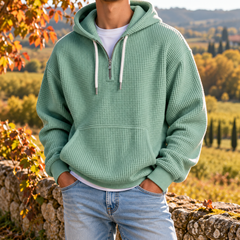 Felpa con cappuccio verde chiaro da uomo con mezza zip e tasca a marsupio