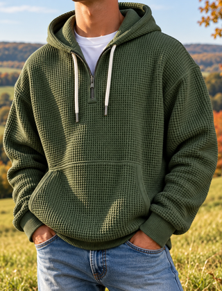 Felpa con cappuccio verde scuro da uomo con mezza zip e superficie in rilievo