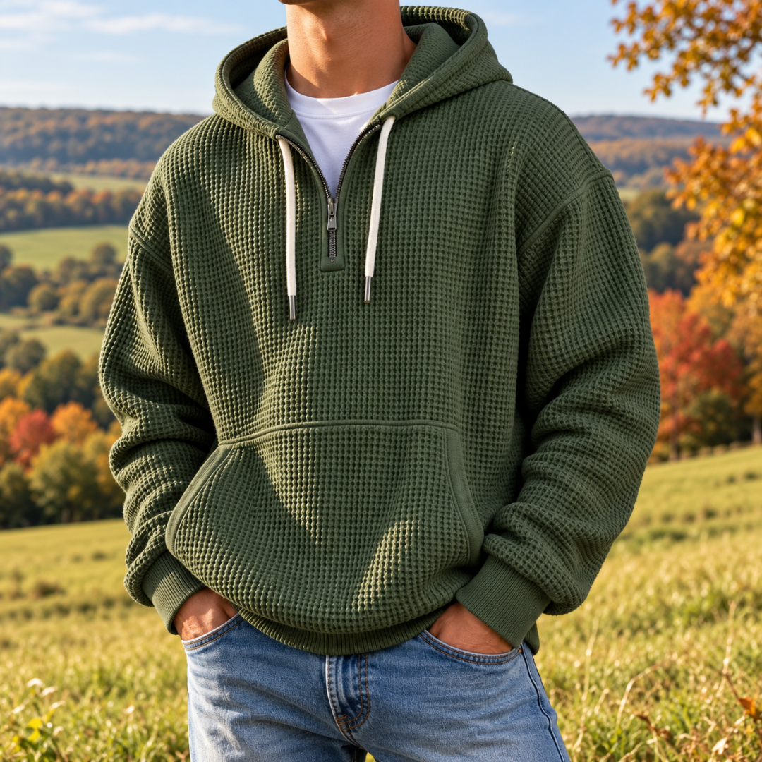 Felpa con cappuccio verde scuro da uomo con mezza zip e superficie in rilievo