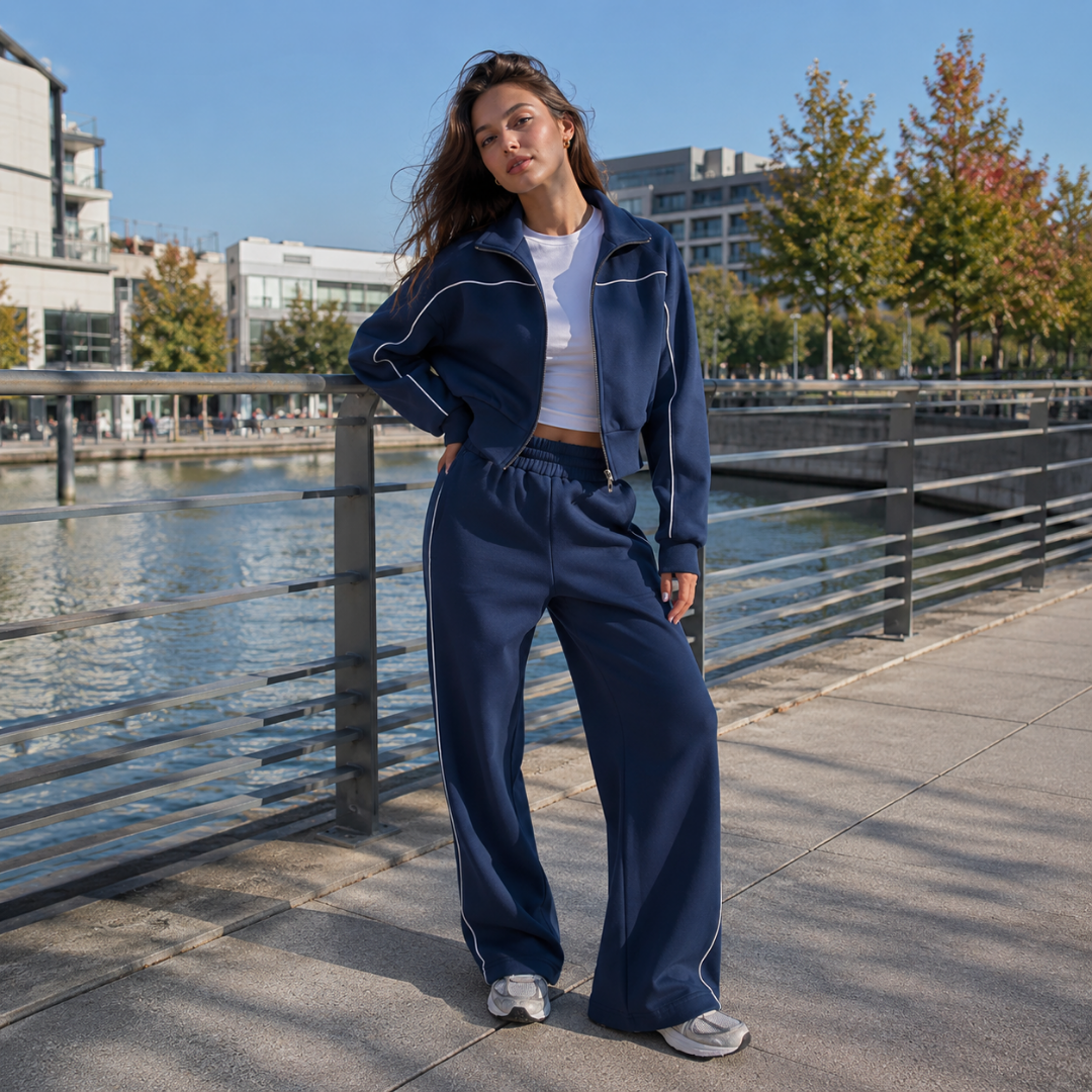 Felpa con zip blu da donna dalla linea corta con profili bianchi a contrasto