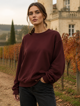 Felpa donna bordeaux girocollo con maniche lunghe e fondo a coste