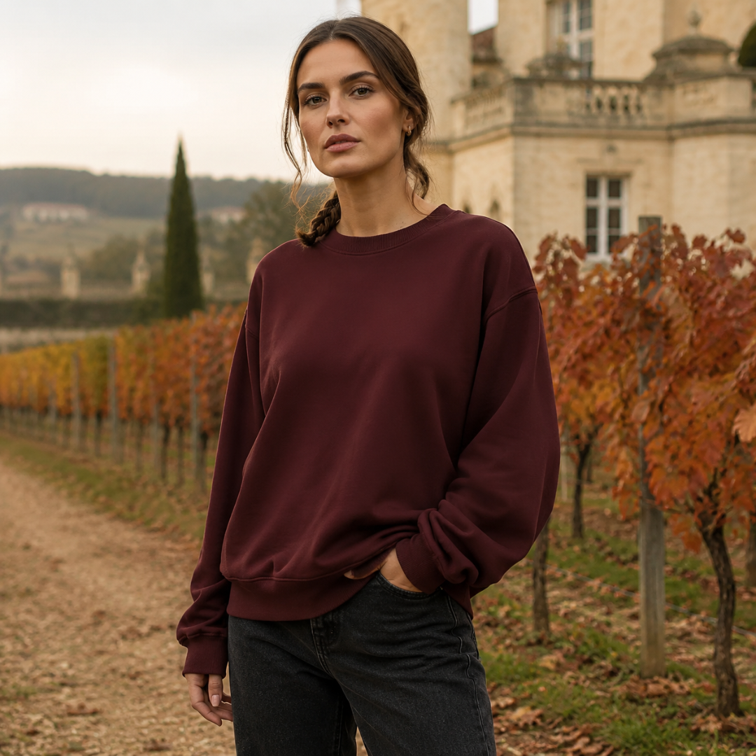 Felpa donna bordeaux girocollo con maniche lunghe e fondo a coste