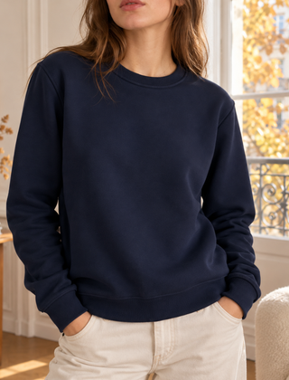 Felpa donna blu navy a girocollo con collo a costine e maniche lunghe