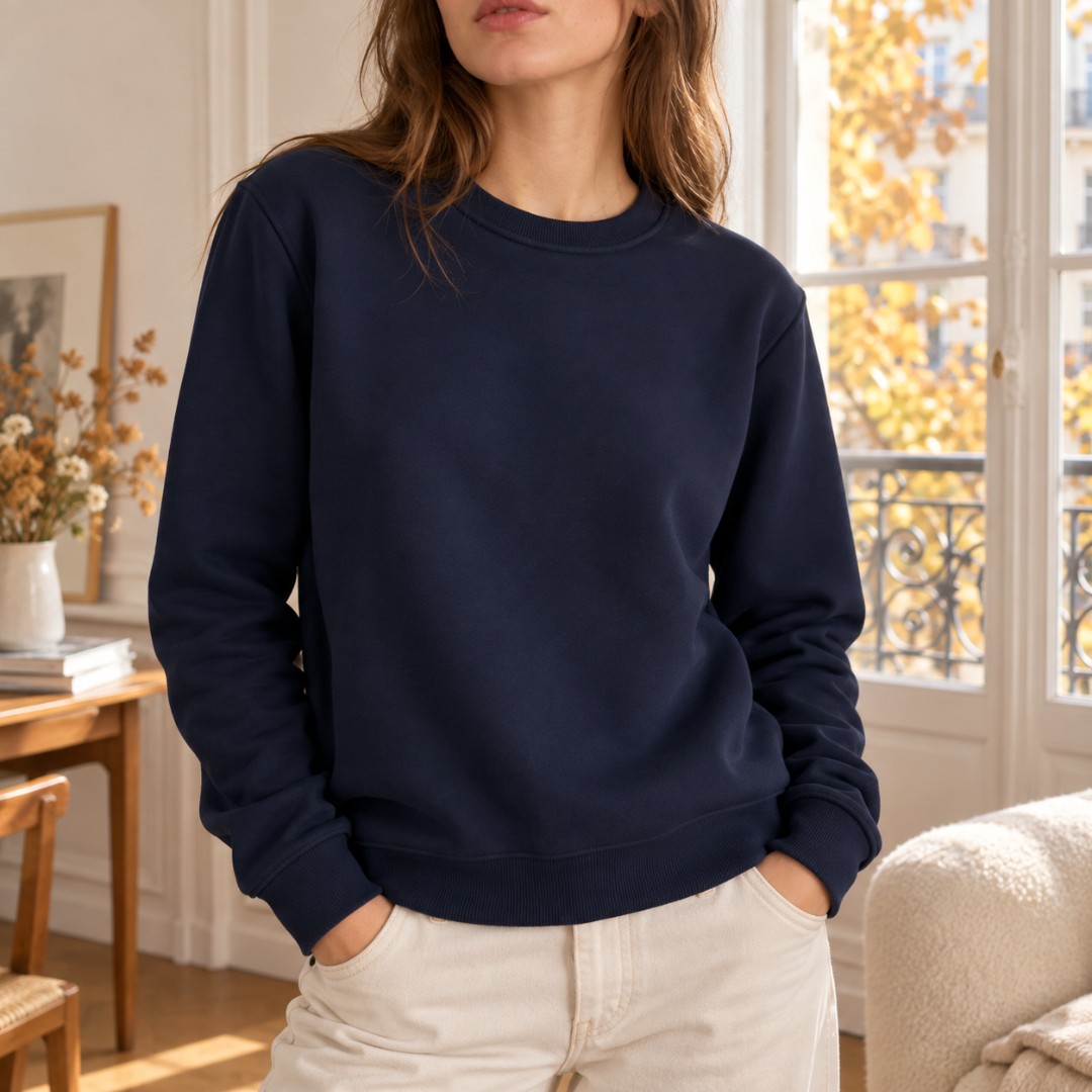 Felpa donna blu navy a girocollo con collo a costine e maniche lunghe
