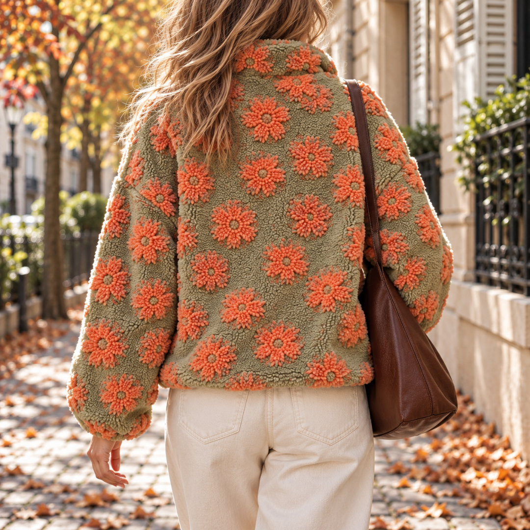 Retro della felpa verde con fiori arancioni in rilievo e maniche ampie