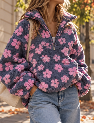 Felpa donna grigia con fiori rosa in rilievo e zip centrale corta