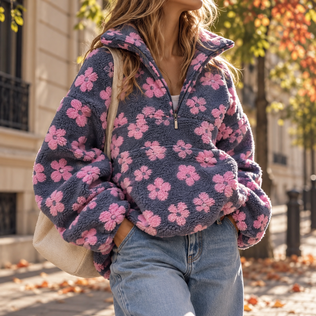Felpa donna grigia con fiori rosa in rilievo e zip centrale corta