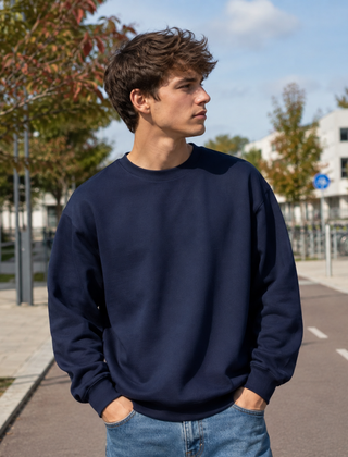 Felpa blu navy uomo con spalle scese e maniche lunghe con polsini a costine