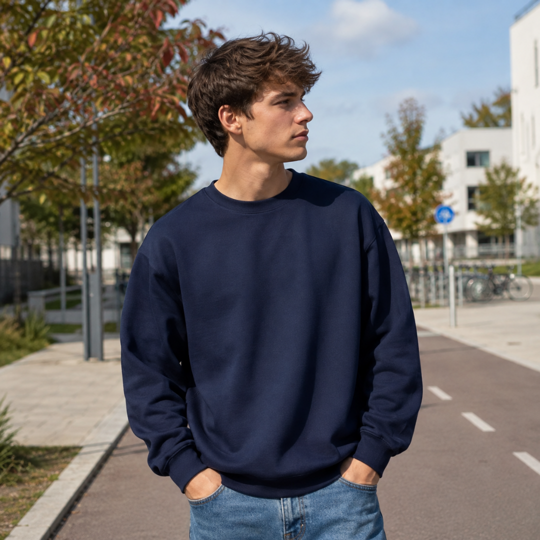 Felpa blu navy uomo con spalle scese e maniche lunghe con polsini a costine