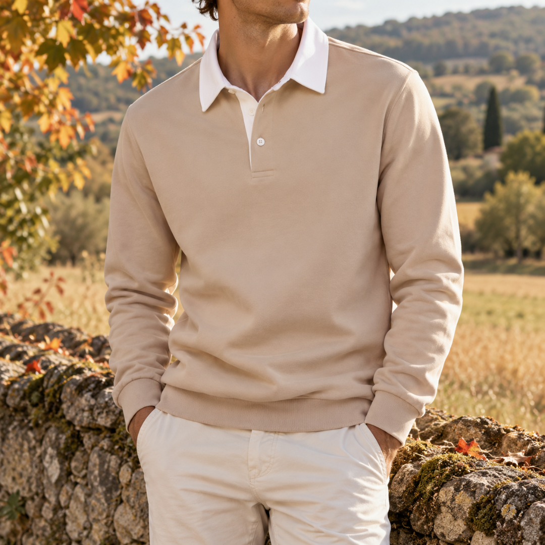 Felpa uomo beige con collo polo bianco, bottoni e fondo a coste
