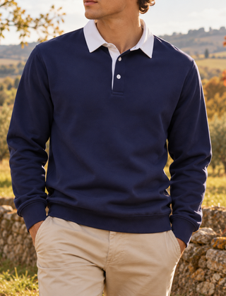 Felpa uomo blu navy con colletto bianco a contrasto e fondo a coste