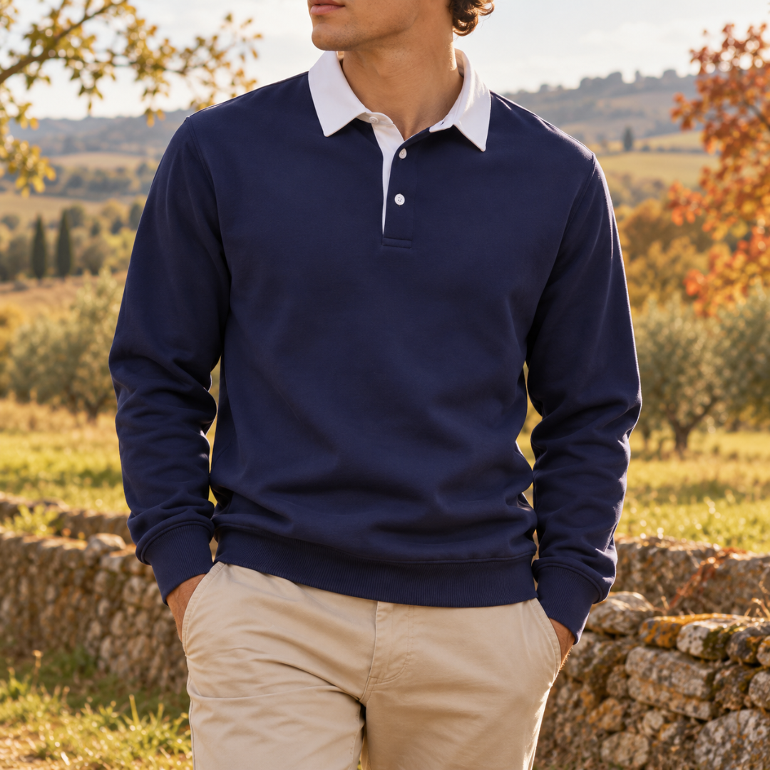 Felpa uomo blu navy con colletto bianco a contrasto e fondo a coste