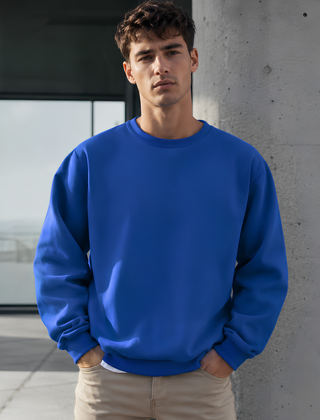 Felpa uomo blu in tinta unita con girocollo a coste e maniche lunghe