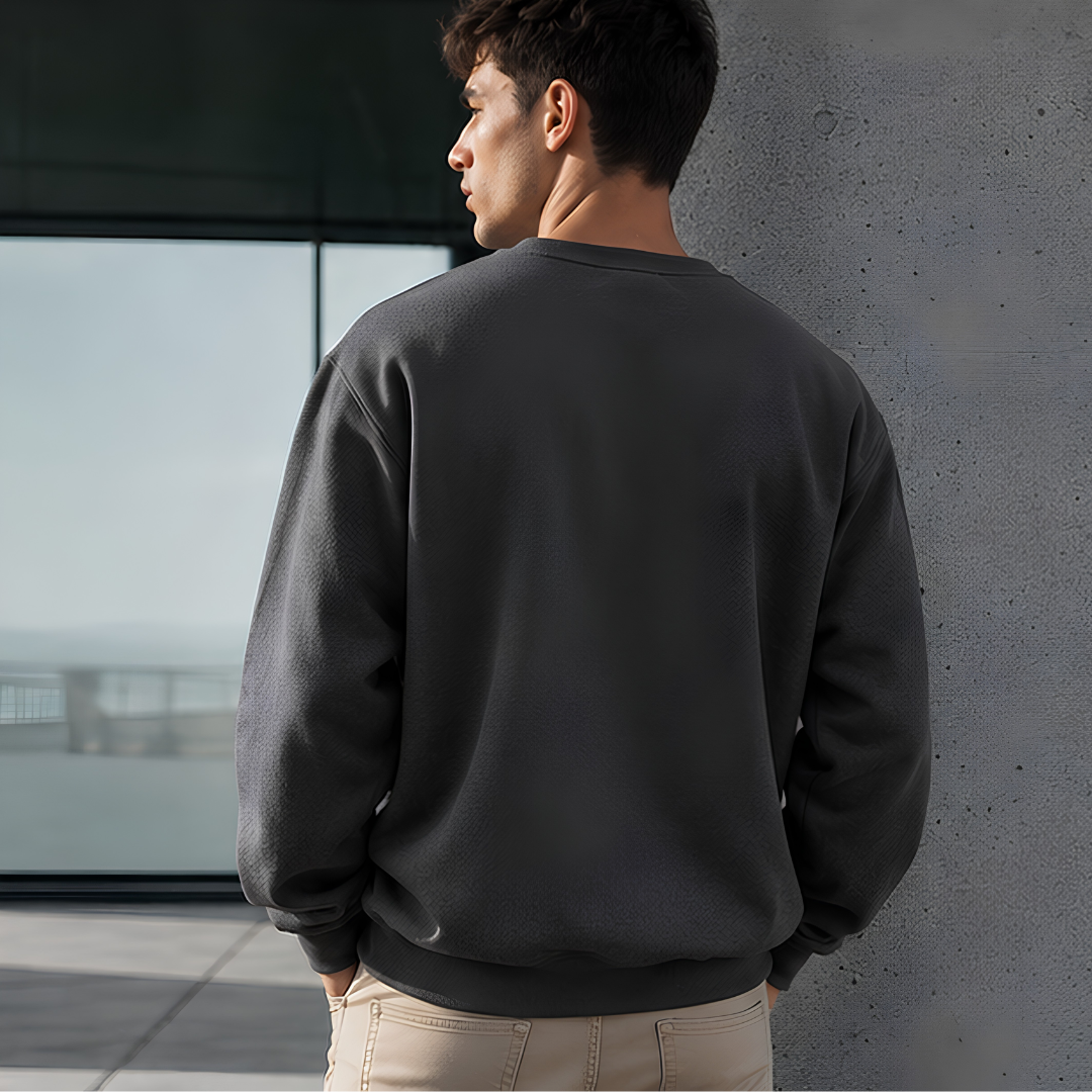 Retro della felpa uomo grigio scuro con fondo a coste e spalle morbide