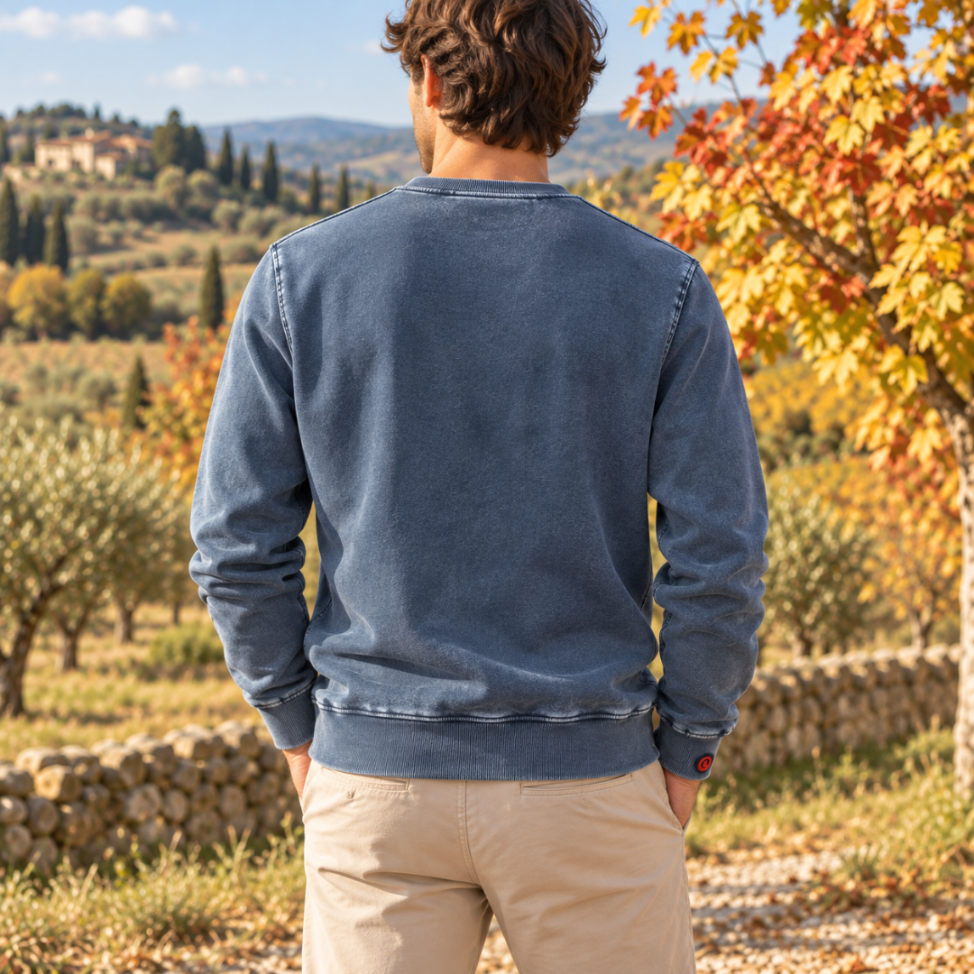 Retro della felpa uomo blu a girocollo con fondo a coste e maniche lunghe