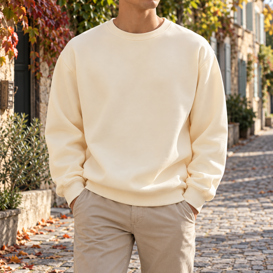 Felpa uomo color crema con scollo girocollo a coste e maniche lunghe ampie