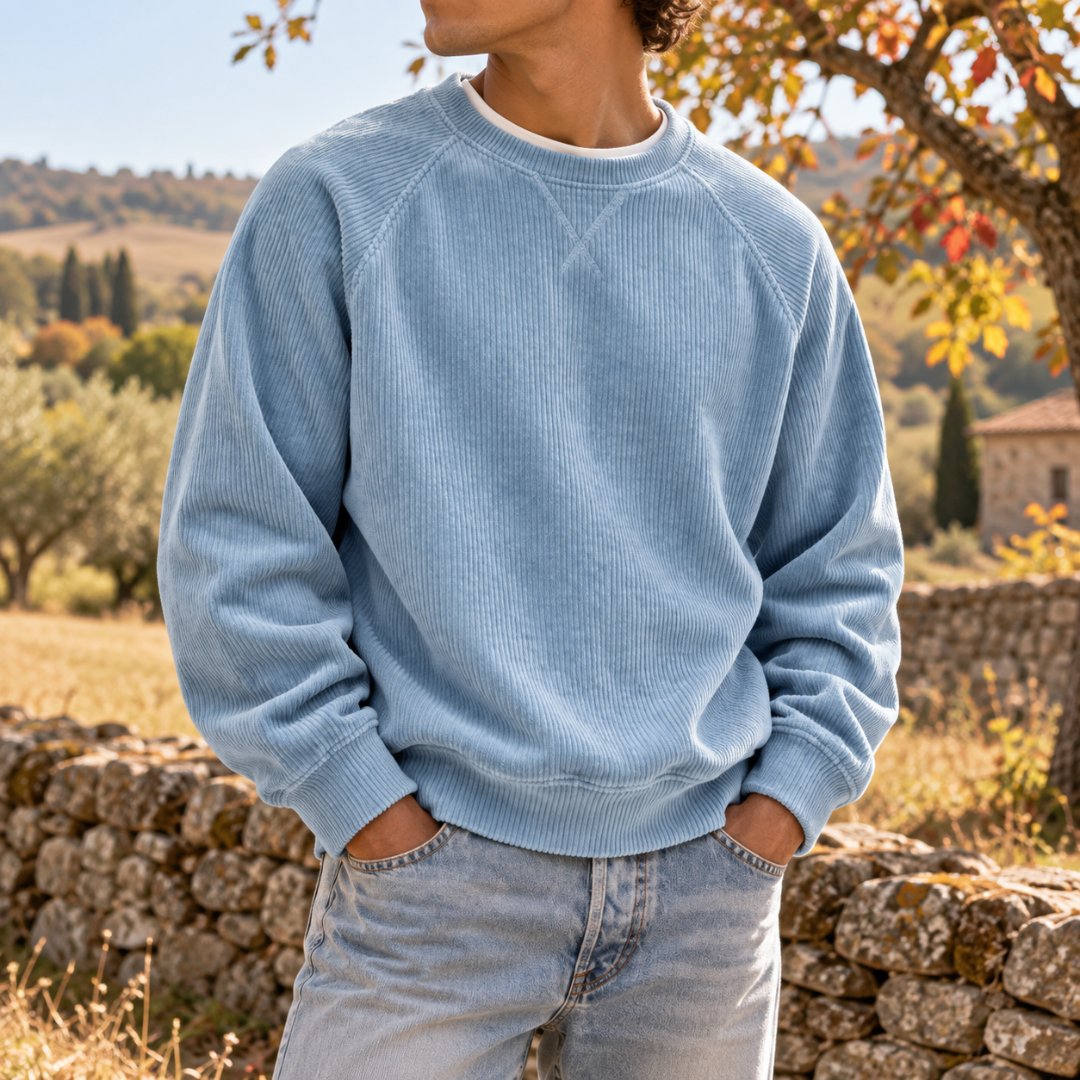 Felpa uomo blu in velluto a coste con girocollo a costine e maniche raglan