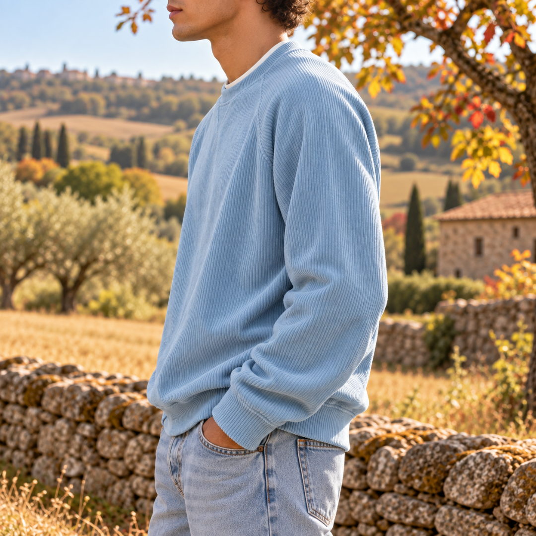 Vista laterale della felpa blu con manica raglan e polsino a costine