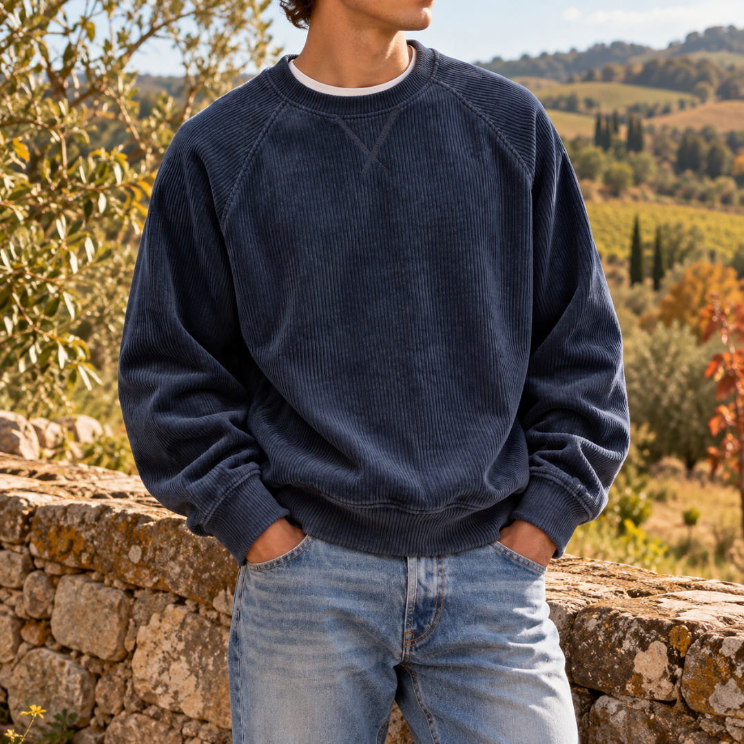 Felpa uomo blu navy in velluto a coste con fondo e polsini a costine