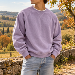 Felpa uomo lavanda in velluto a coste con maniche raglan e fondo a costine