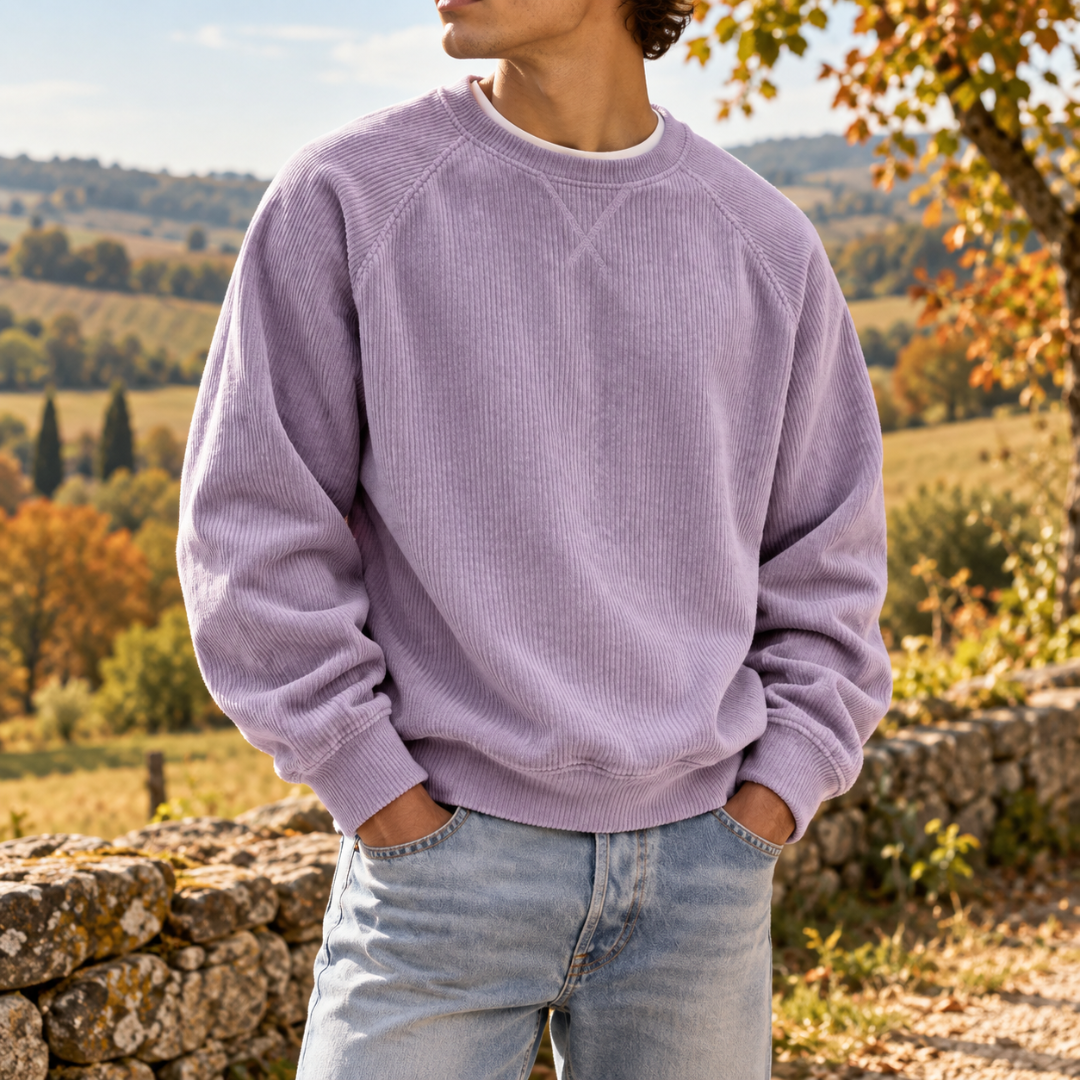 Felpa uomo lavanda in velluto a coste con maniche raglan e fondo a costine