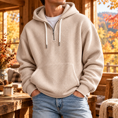 Felpa uomo beige con cappuccio, mezza zip e tasca a marsupio sul davanti