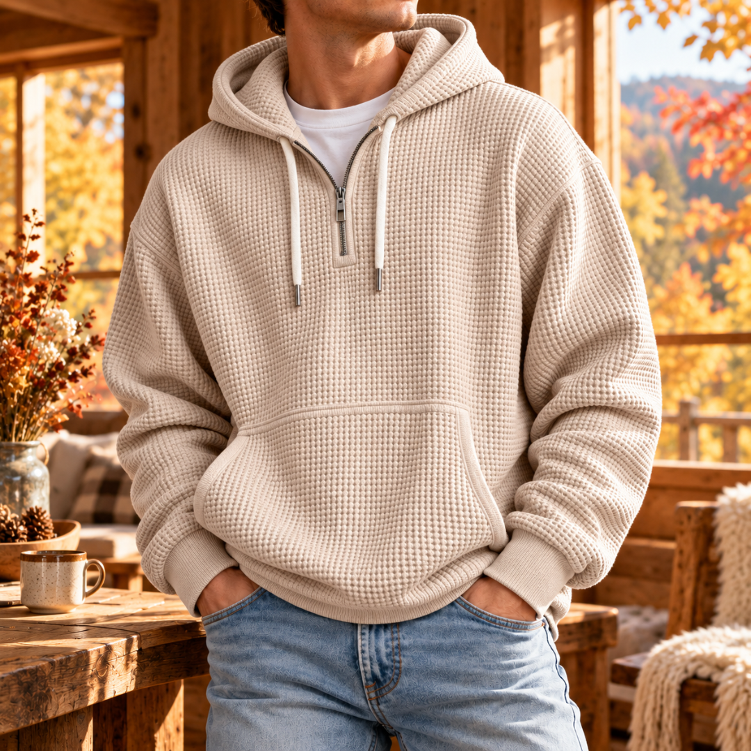 Felpa uomo beige con cappuccio, mezza zip e tasca a marsupio sul davanti