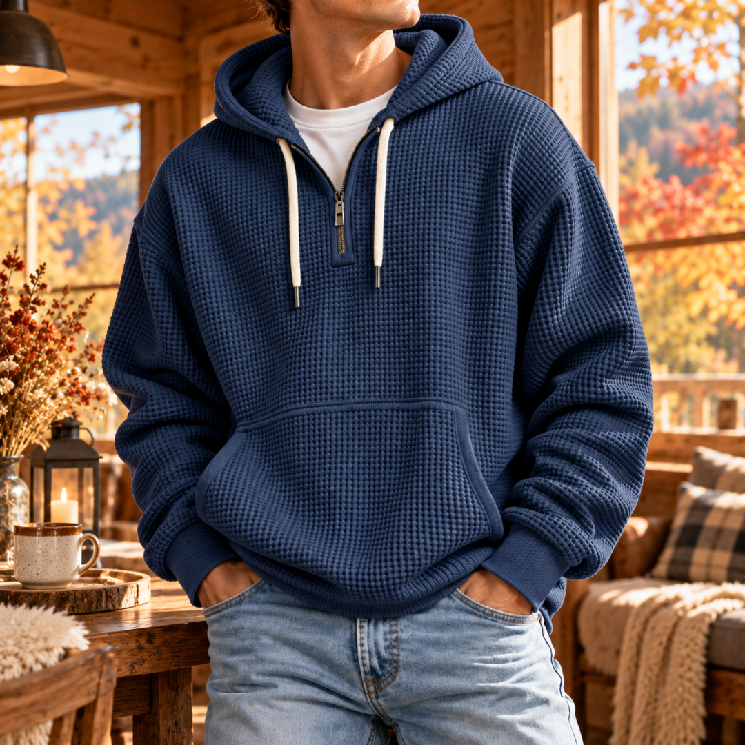 Felpa uomo blu navy con cappuccio, mezza zip e tasca a marsupio