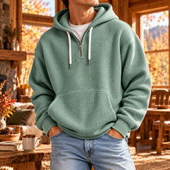 Felpa uomo verde chiaro con cappuccio e chiusura a mezza zip frontale
