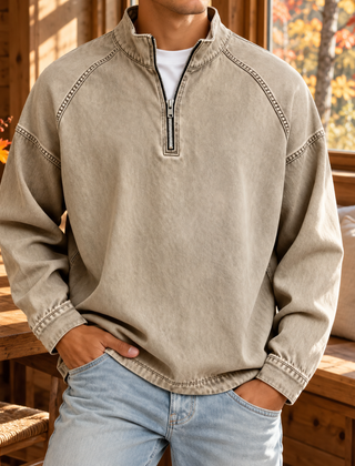 Felpa uomo beige a mezza zip con collo alto e orlo rifinito