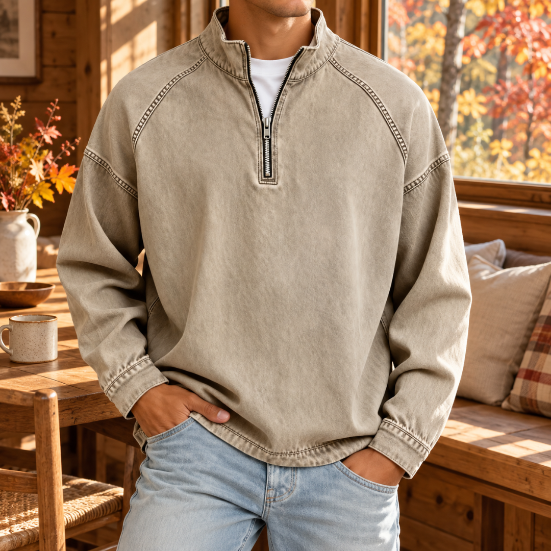 Felpa uomo beige a mezza zip con collo alto e orlo rifinito