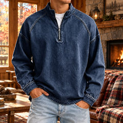 Felpa uomo blu scuro a mezza zip con cuciture raglan e orlo rifinito