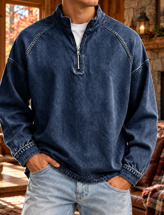 Felpa uomo blu scuro a mezza zip con cuciture raglan e orlo rifinito