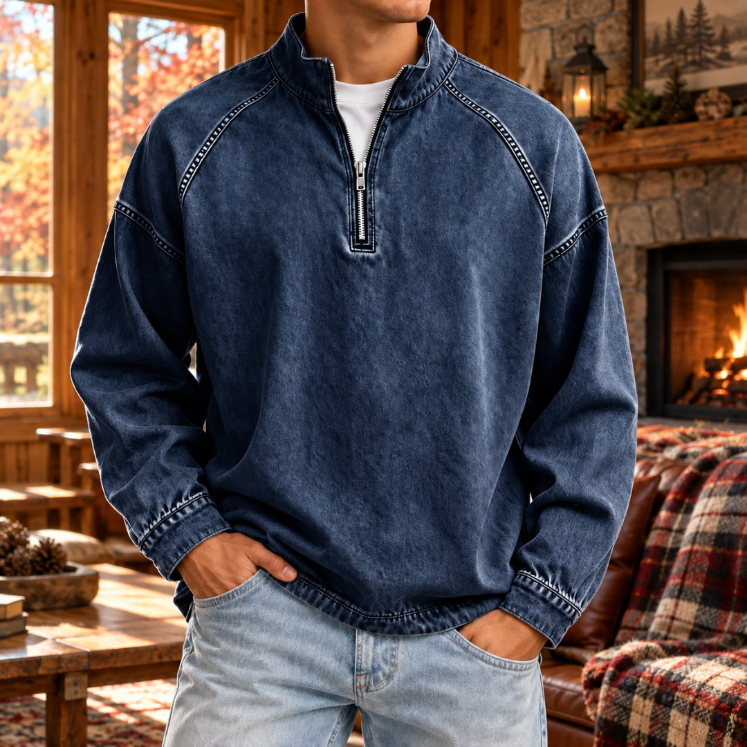 Felpa uomo blu scuro a mezza zip con cuciture raglan e orlo rifinito