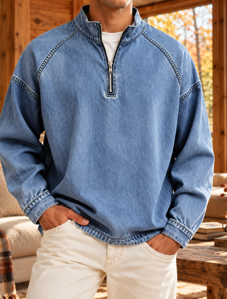 Felpa uomo blu a mezza zip con cursore in metallo e polsini rifiniti