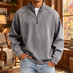 Felpa uomo grigia a mezza zip con collo alto e cuciture raglan visibili
