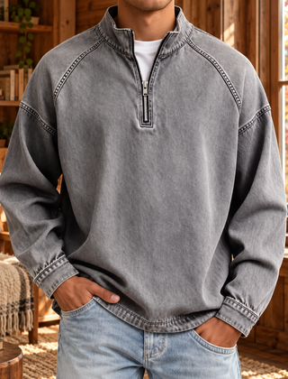 Felpa uomo grigia a mezza zip con collo alto e cuciture raglan visibili