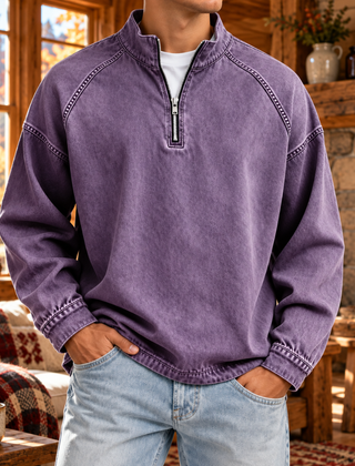 Felpa uomo lavanda a mezza zip con collo alto ed effetto slavato