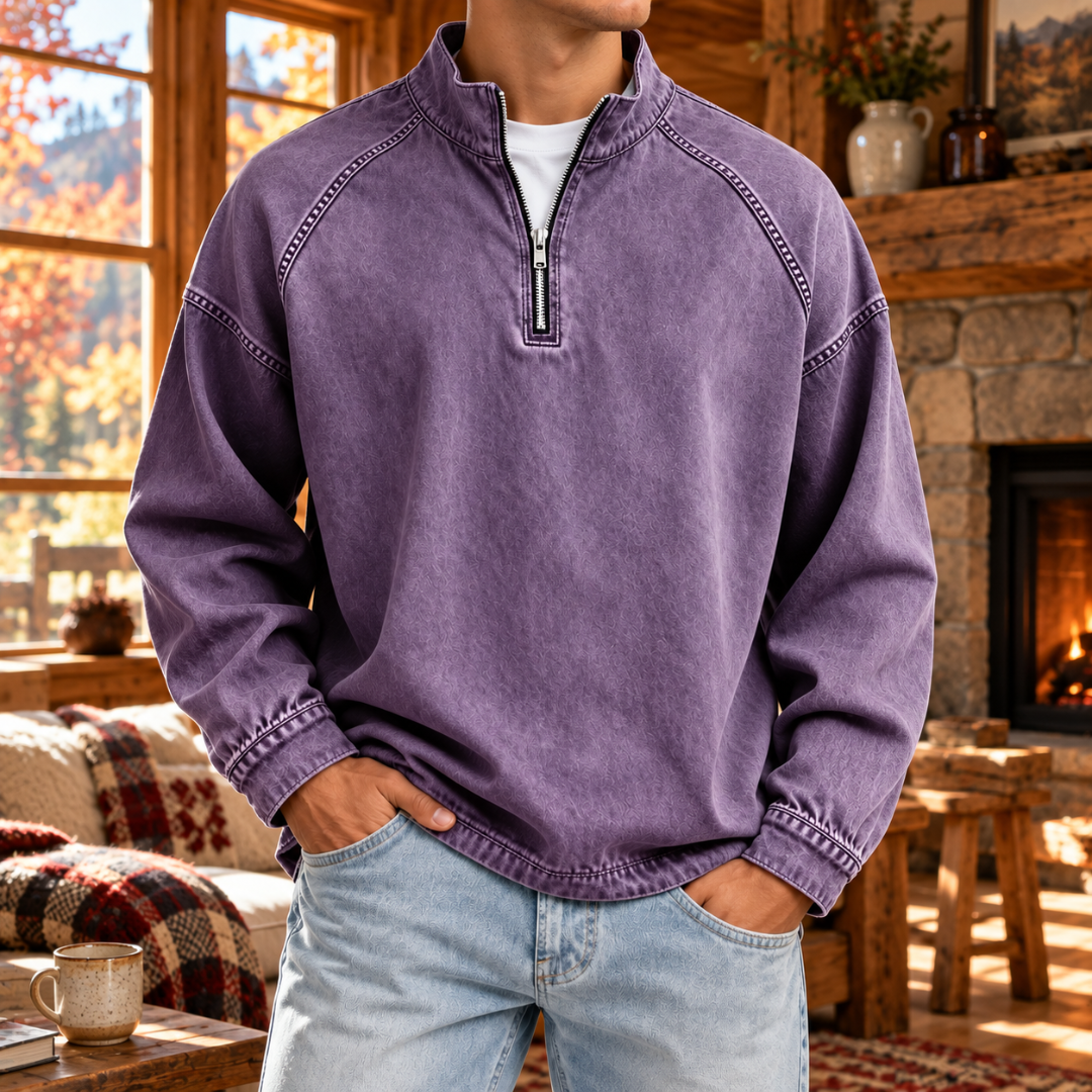 Felpa uomo lavanda a mezza zip con collo alto ed effetto slavato
