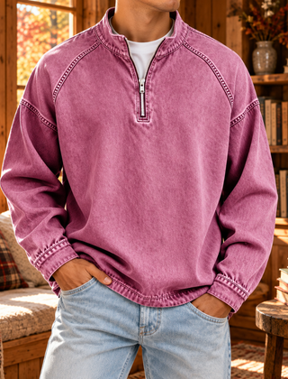 Felpa uomo rosa a mezza zip con cuciture raglan a contrasto sulle spalle