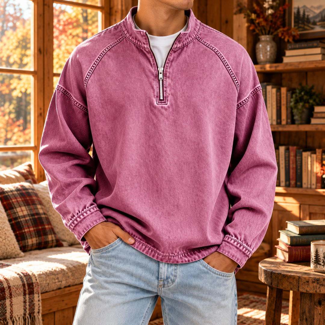 Felpa uomo rosa a mezza zip con cuciture raglan a contrasto sulle spalle