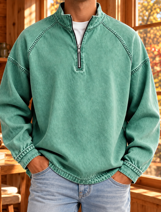 Felpa uomo verde chiaro a mezza zip con collo alto e cuciture raglan