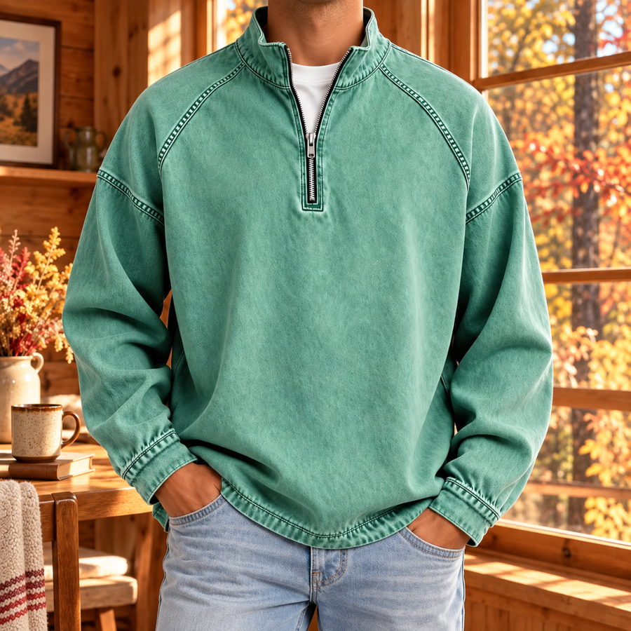 Felpa uomo verde chiaro a mezza zip con collo alto e cuciture raglan