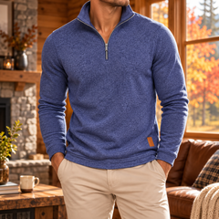 Felpa uomo blu con mezza zip, collo alto e maniche lunghe