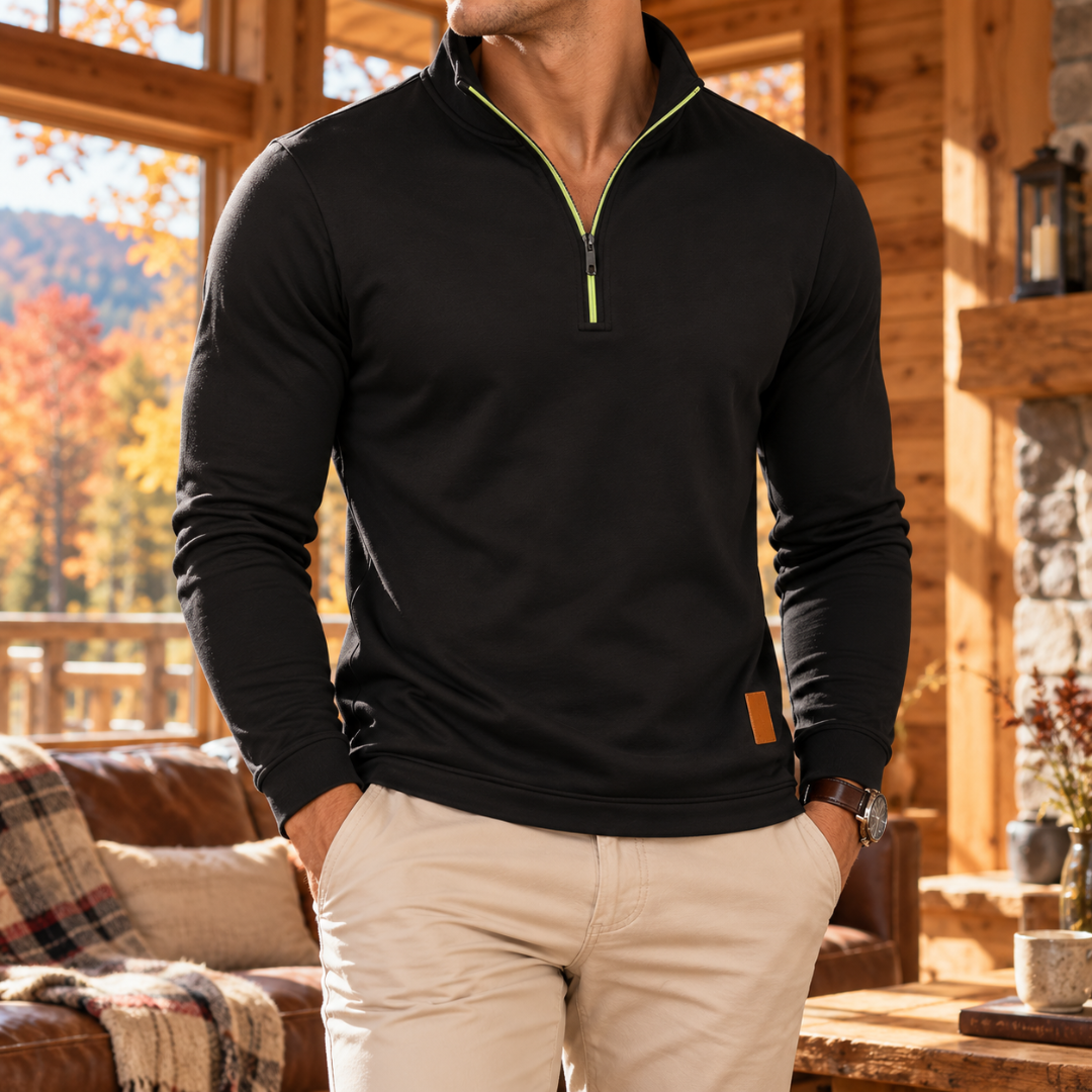 Felpa uomo nera a mezza zip con nastro zip verde lime a contrasto