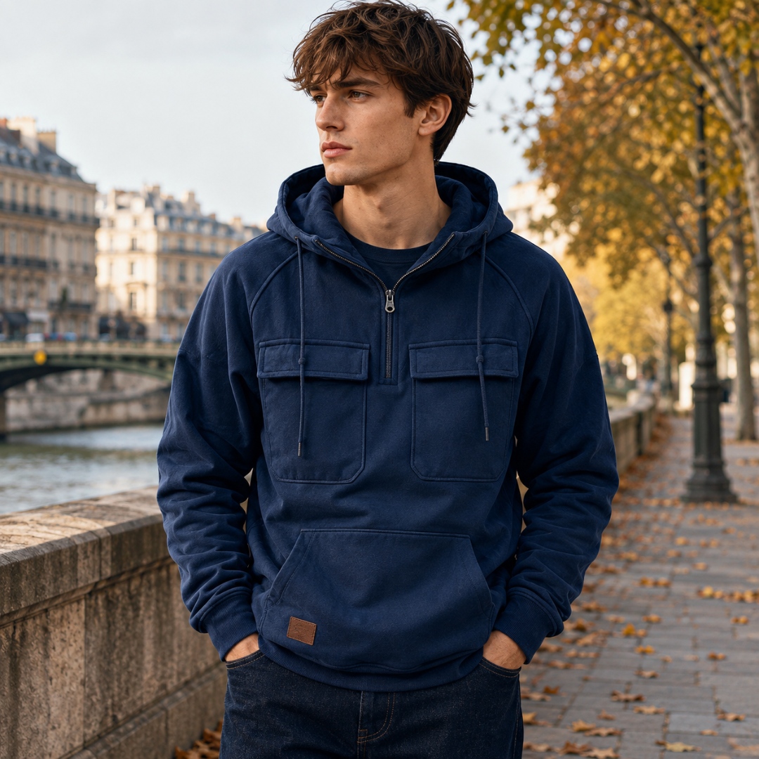 Felpa uomo blu navy con cappuccio, mezza zip e tasche applicate sul petto