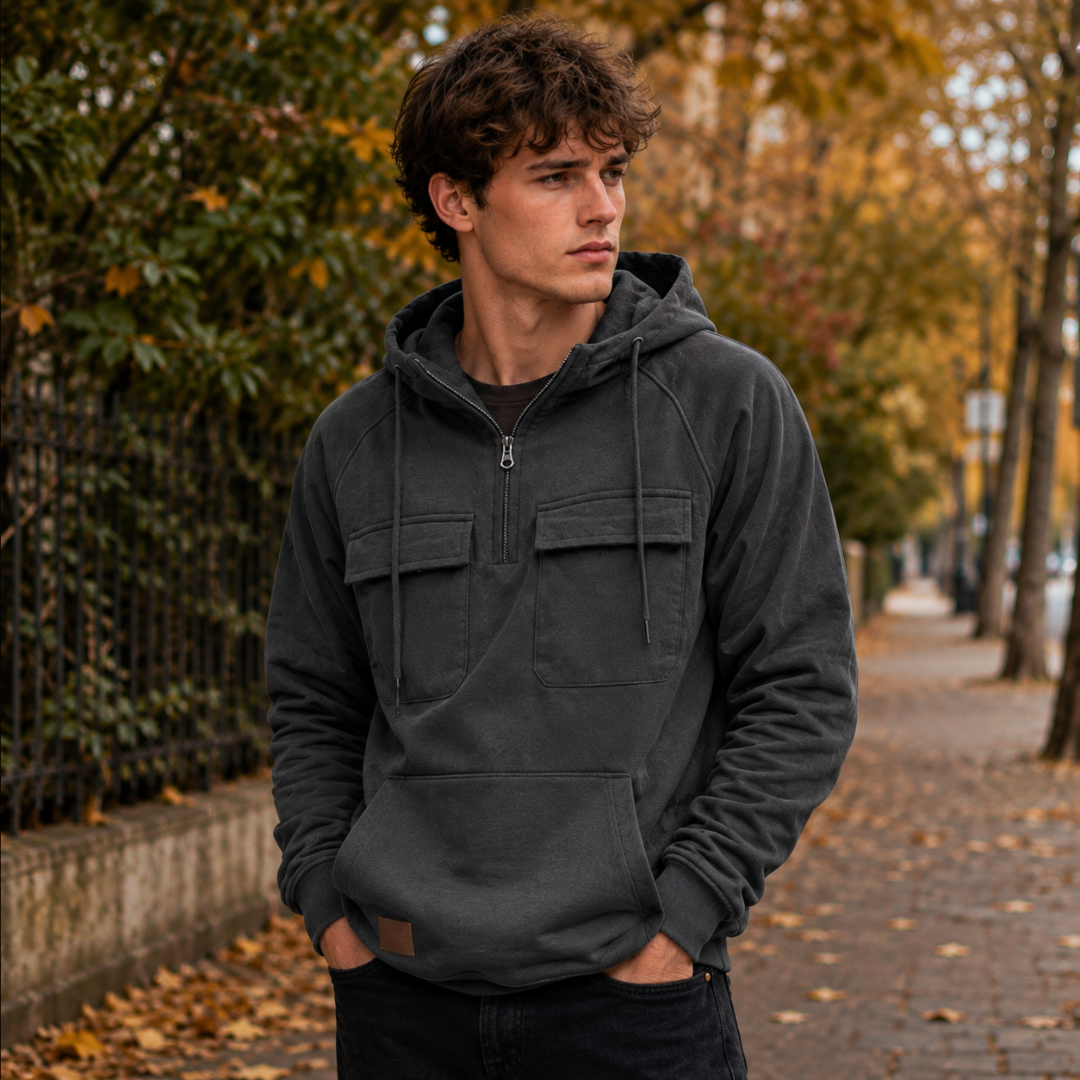 Felpa uomo grigio scuro con cappuccio, mezza zip e maniche raglan