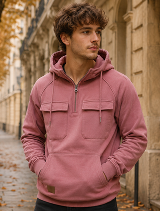 Felpa uomo rosa con cappuccio, mezza zip e due tasche con patta sul petto